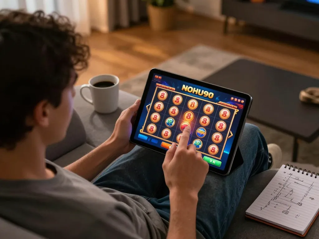 Engaging with the NOHU90 casino app on a tablet during an exciting online gaming session at home.