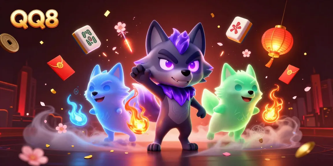 Engage with QQ8's immersive online gaming adventure featuring vibrant spirits and casino elements.