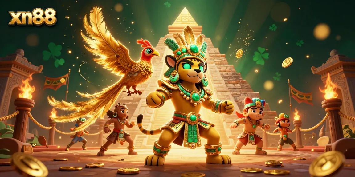 Engage in thrilling games with xn88 featuring a dynamic Mayan priest and golden elements.