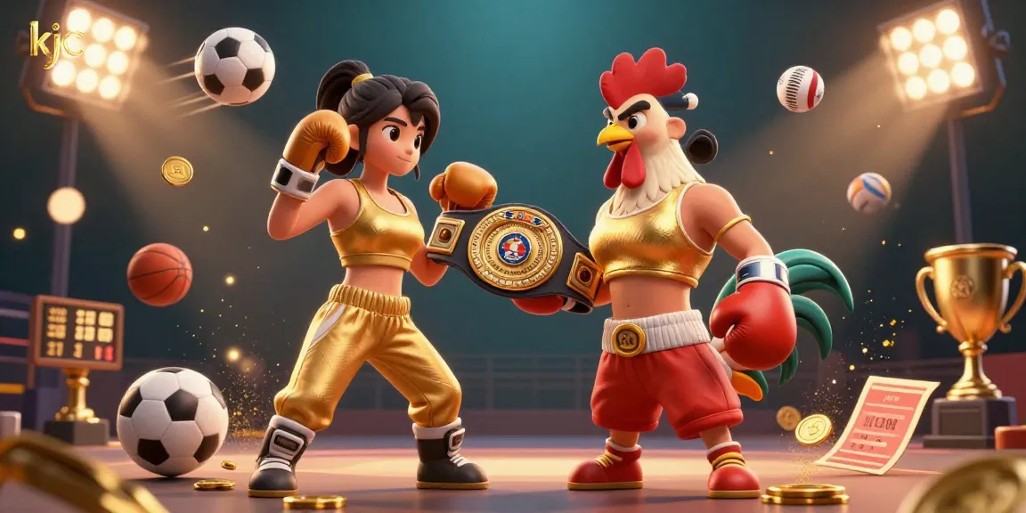 KJC brings thrilling casino action with a powerful 3D woman and championship rooster in a dynamic scene.