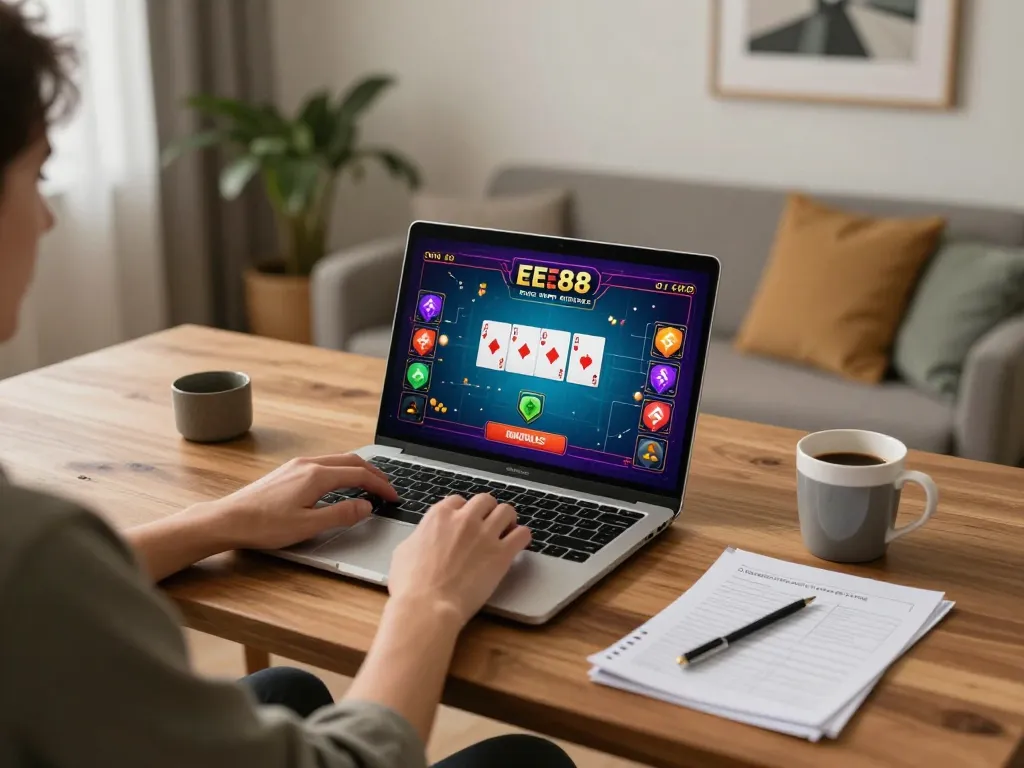 Player enjoying EE88 online casino game on laptop with strategic notes nearby