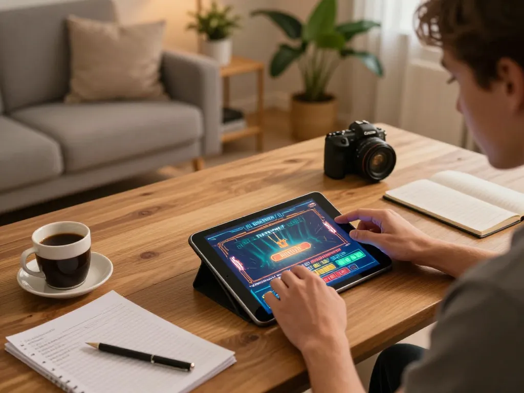 Engaging gameplay on U888 tablet, showcasing vibrant casino experience in cozy home.