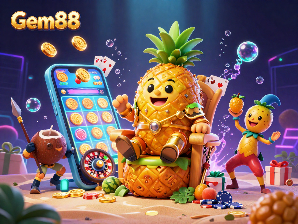 Spin the reels of Gem88 with vibrant casino elements featuring a pineapple king in this lively 3D illustration.