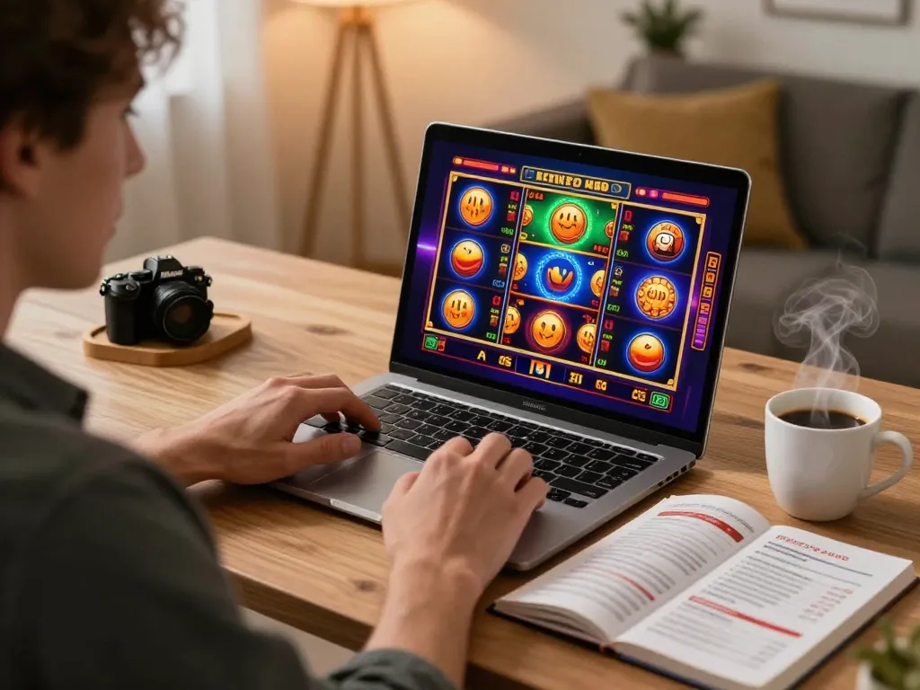 Engaging with link slot gacor while playing slots online from a stylish home office setup.