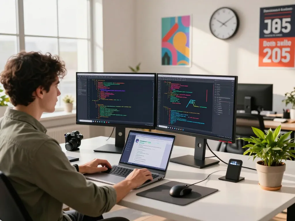 Developer engaging with clawbot in a modern tech workspace with dual monitors and teamwork elements.