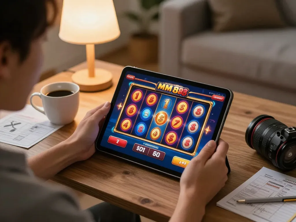 Player engaging with MM 88 online slots in a cozy home setting with strategic notes.