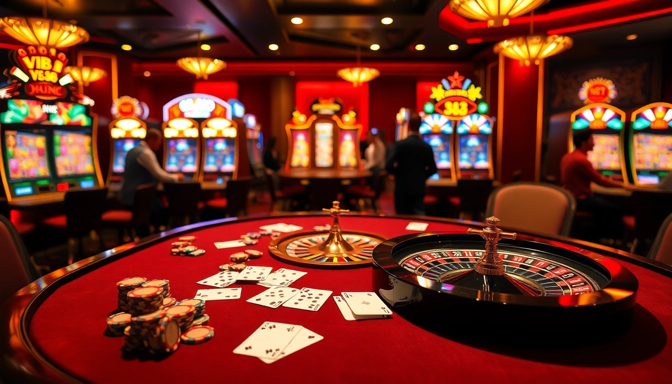 Exciting casino atmosphere with gamers engaging from the table, highlighting VB 88 poker chips.
