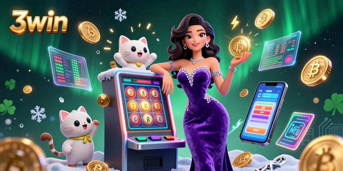 Experience the thrill of winning at 3win with a captivating digital casino scene featuring jackpots and crypto elements.