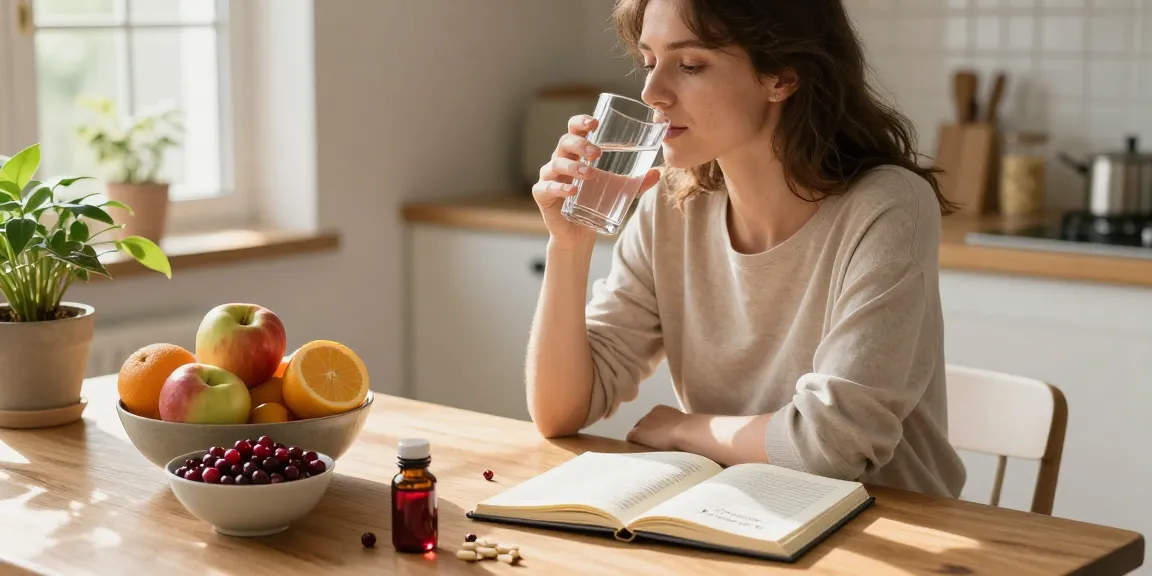 Prevent cystitis naturally with hydration and healthy foods in a sunny kitchen.