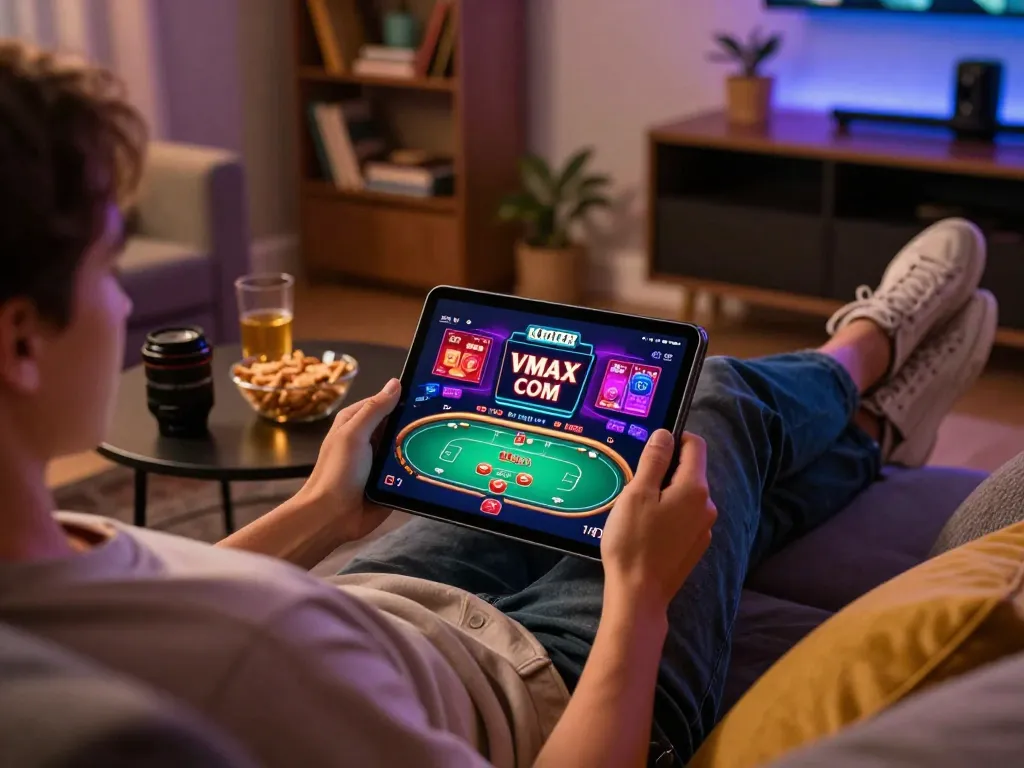 Engaging in poker gameplay on VMAX COM casino app while enjoying a cozy home atmosphere.