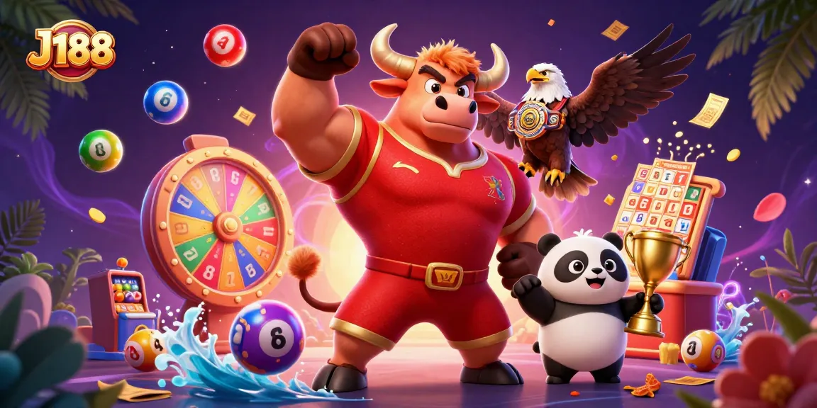 Win big with J188 as a muscular bull captures excitement amid colorful lottery elements.