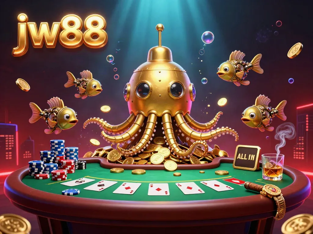 Experience thrilling games at JW88, featuring a golden kraken submarine surfing golden coins with poker elements.