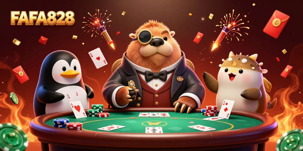 Experience high-stakes poker action at FAFA828 with a jolly walrus and skilled penguin dealer.