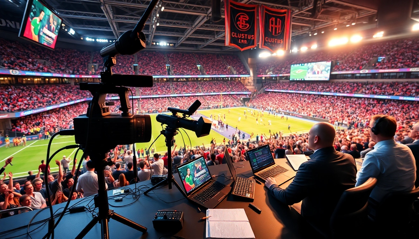 Dynamic sports broadcasting scene emphasizing live commentary and vibrant stadium energy.