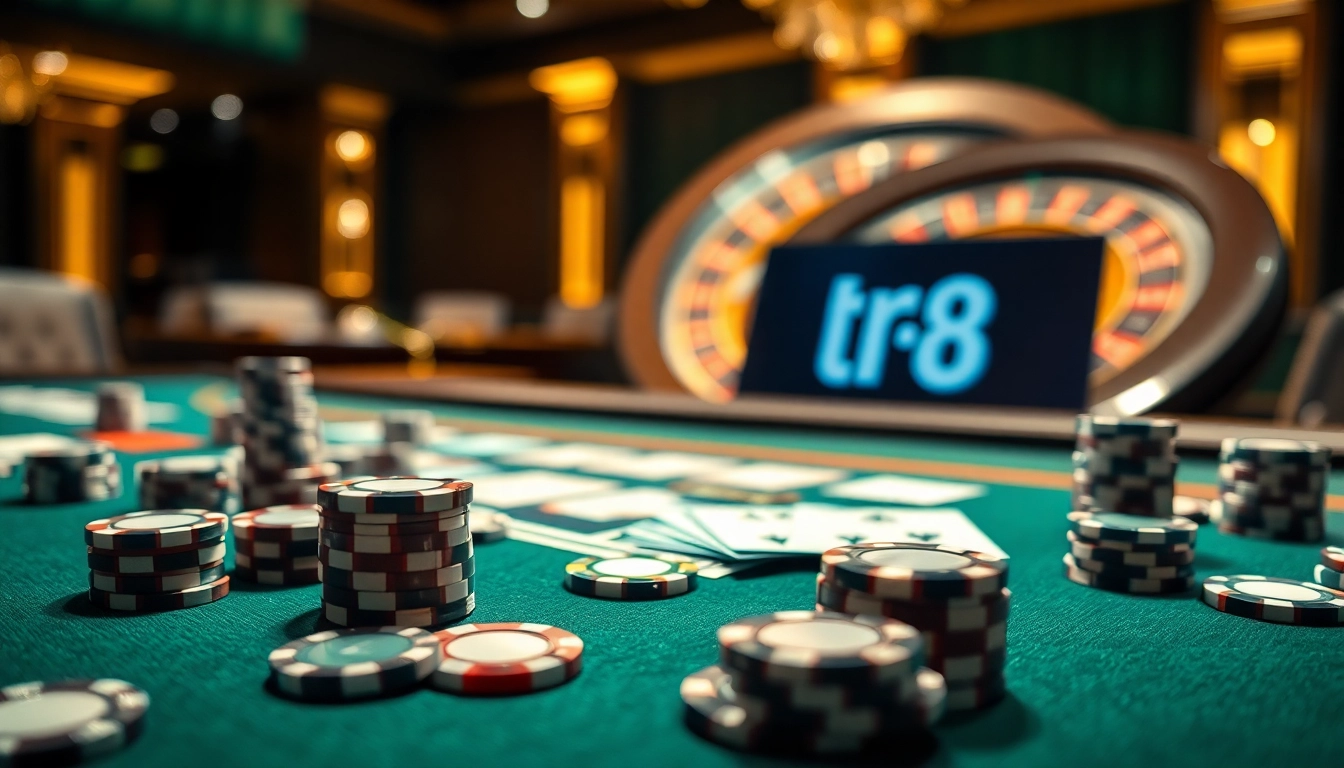 Players enjoy a thrilling game at the tr88 casino table, surrounded by luxurious poker chips and cards.