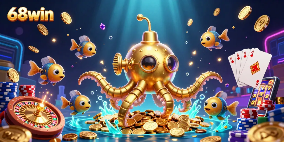 Experience thrilling gameplay with 68win's vibrant casino adventure, featuring the golden kraken amidst rushing coins.