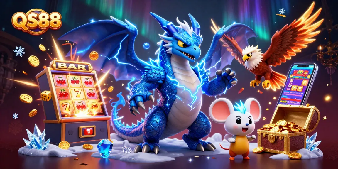 Experience thrilling gaming at QS88 with a vibrant casino scene featuring dynamic characters and exciting game elements.
