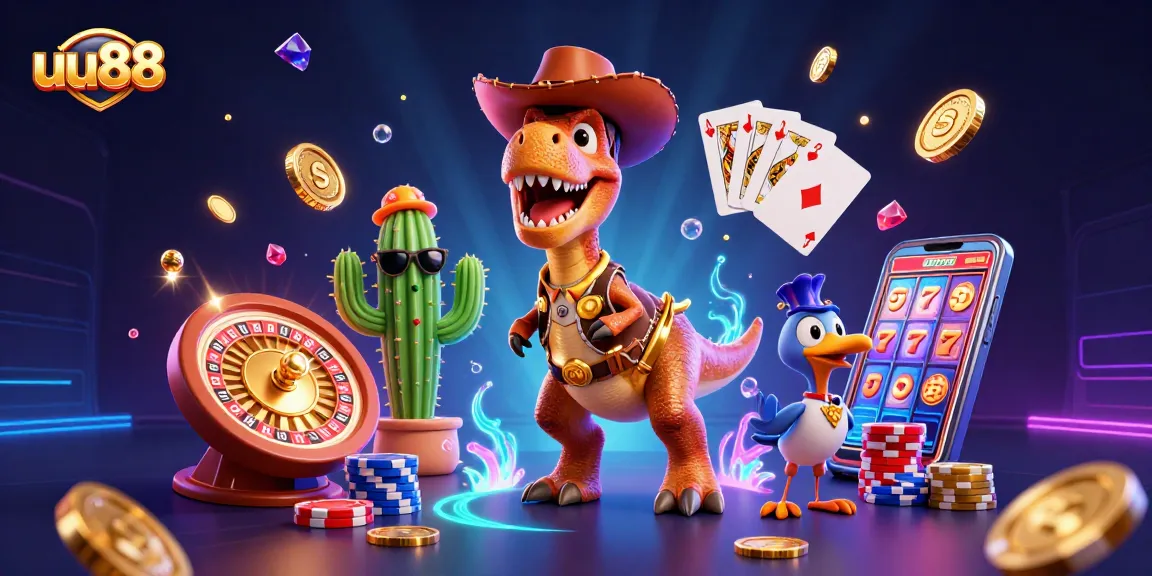 Engage with exciting casino action at uu88 featuring a vibrant 3D illustration of a cowboy T-Rex.