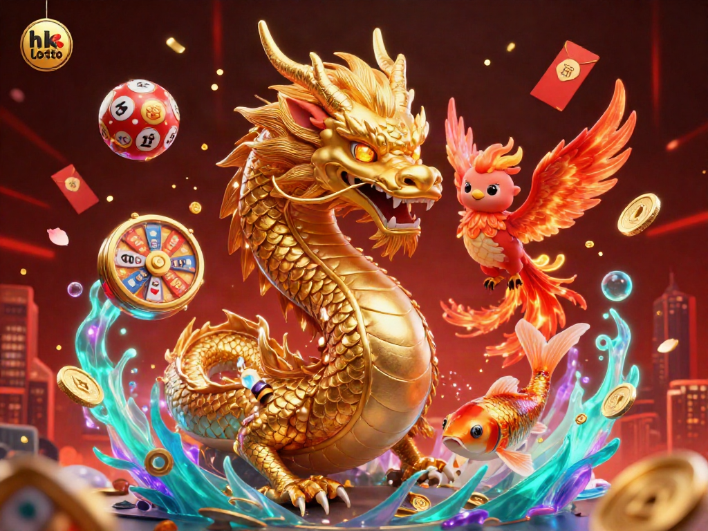 Engage with hk lotto visuals featuring a golden dragon, red phoenix, and coins in a dynamic gaming scene.