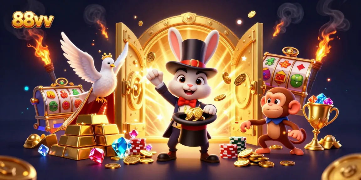 Experience the glamour of 88vv casino with a magician rabbit conjuring golden coins amidst dazzling treasures.