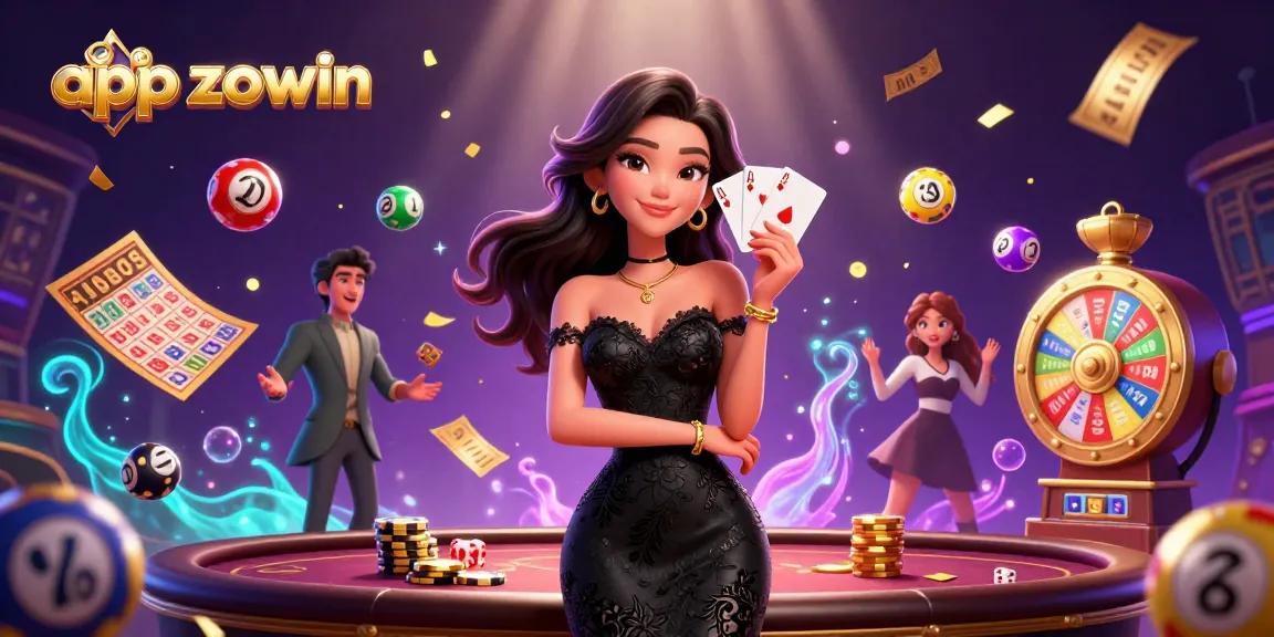 Play exciting games with app zowin in a vibrant casino scene featuring an elegant woman and dynamic elements.