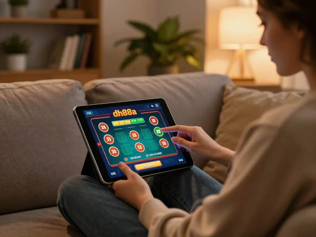 Gambler using dh88a app on tablet in a warm, cozy home setting, focused on strategic betting.