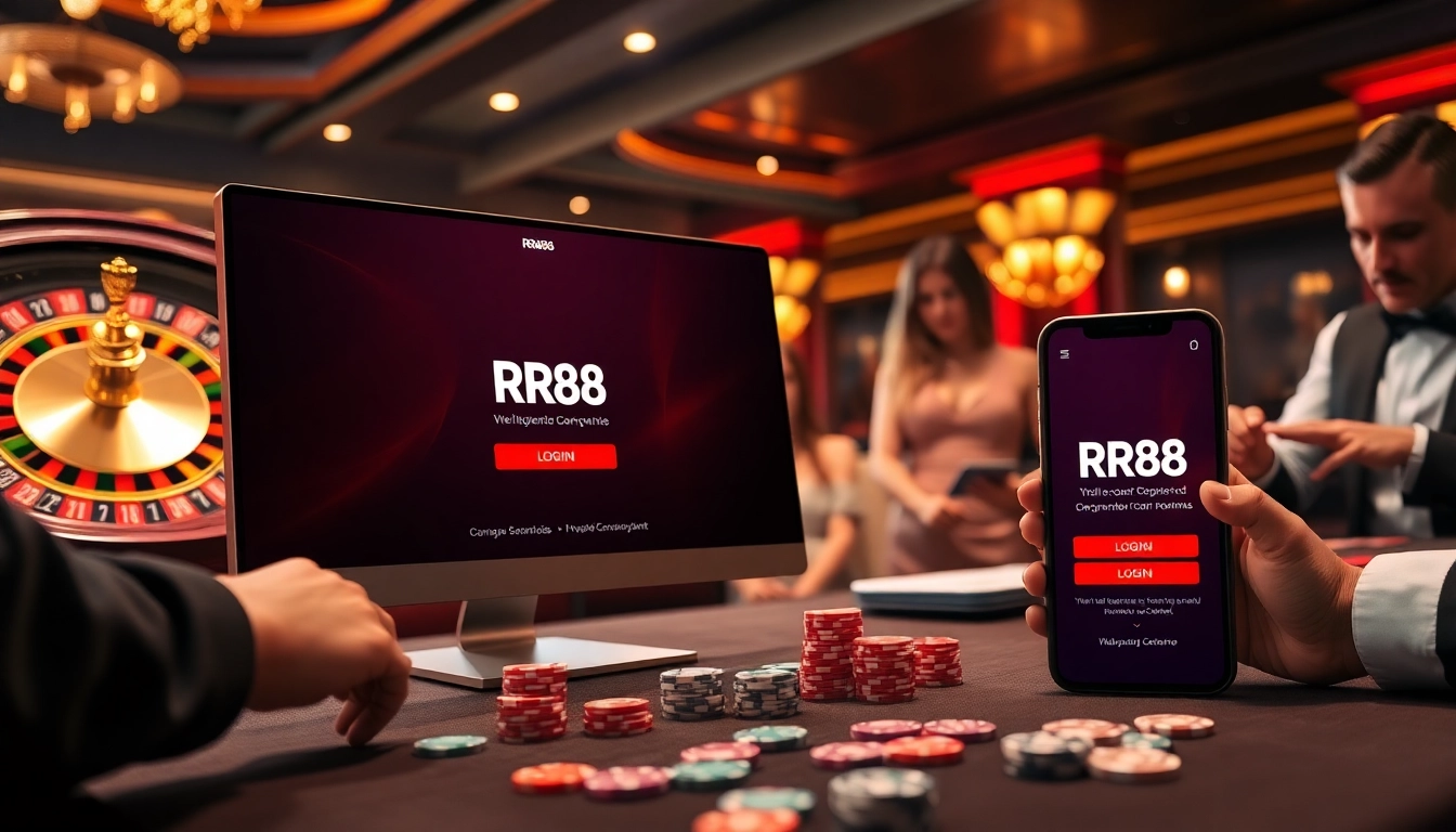 Excited players at an RR88 đăng nhập interface in a stylish casino setting.
