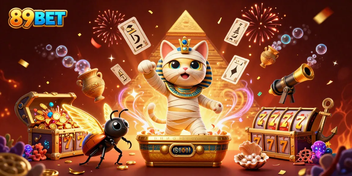 A vibrant 3D illustration showcasing the excitement of 89BET with a mummy cat, scarab, and floating playing cards in a dynamic casino scene.
