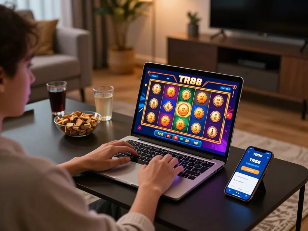 Play slots on the TR88 app in a cozy home setting, showcasing vibrant gameplay and modern decor.