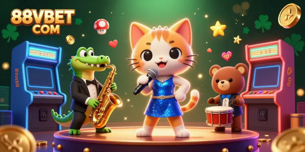 Engage with exciting slots and games at 88VBET COM featuring vibrant 3D characters on a casino stage.