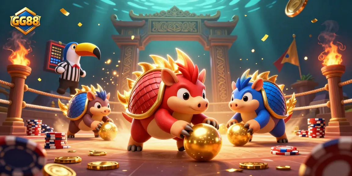 Experience thrilling GG88 action with cartoon pangolins in a vibrant casino showdown.