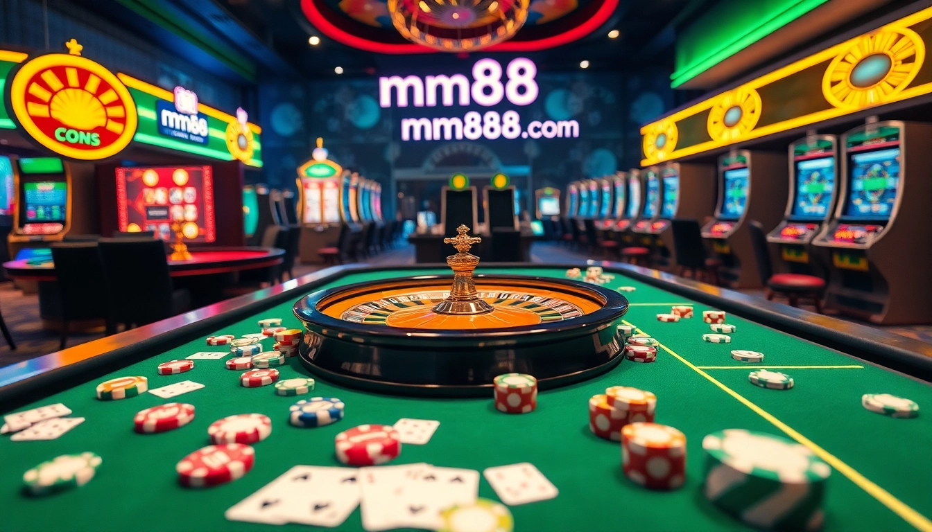 Experience the thrill at mm88 com with a vibrant interactive casino scene showcasing roulette wheels and poker activities.