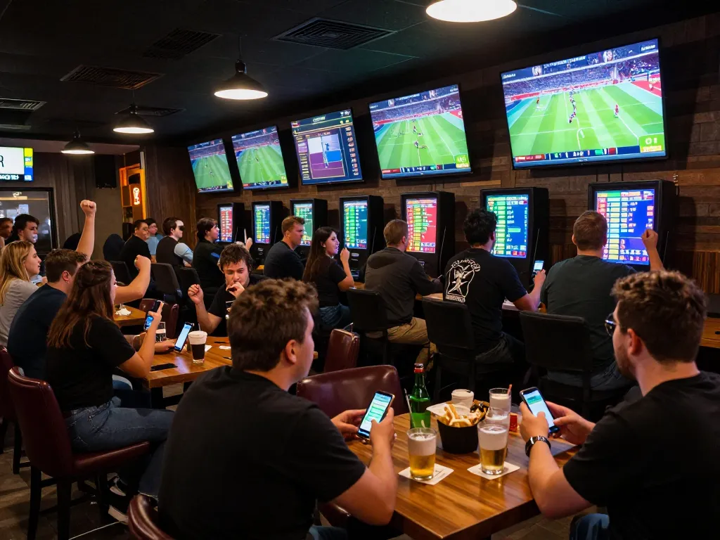 Betting on the latest match while monitoring odds at KING88 link king88 in a vibrant sports bar atmosphere.