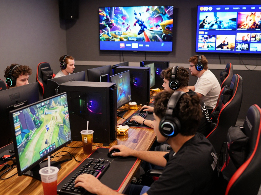 Players enjoying online games at LEMON121 gaming hub with vibrant atmosphere.
