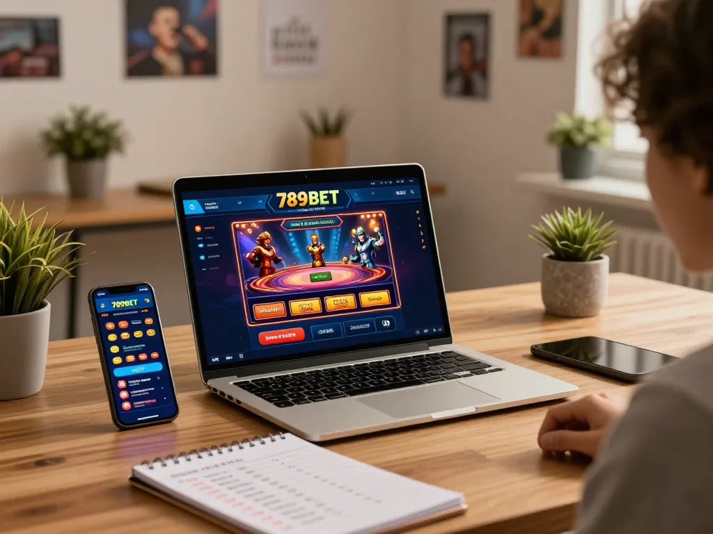 Engaging in online gambling at 789BET with a laptop and smartphone showcasing live betting.