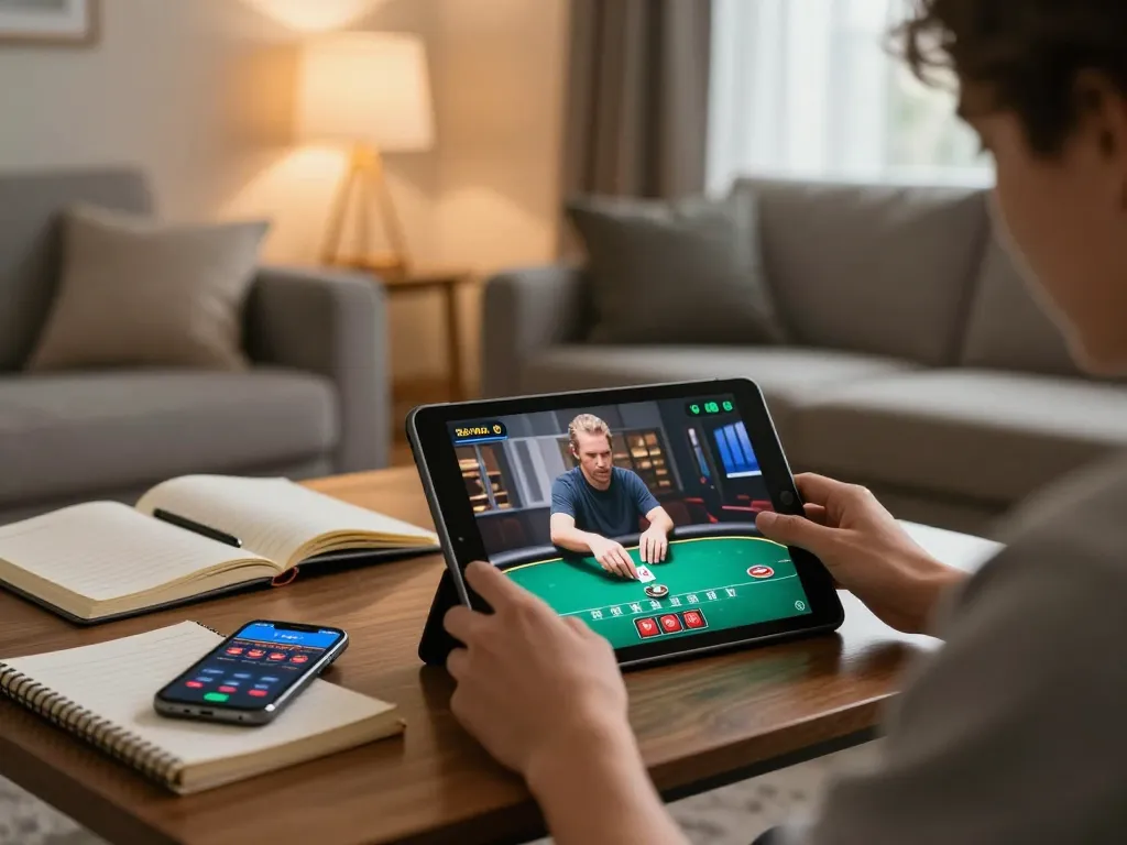 Engaging with link 789win while playing poker on a tablet in a cozy room.