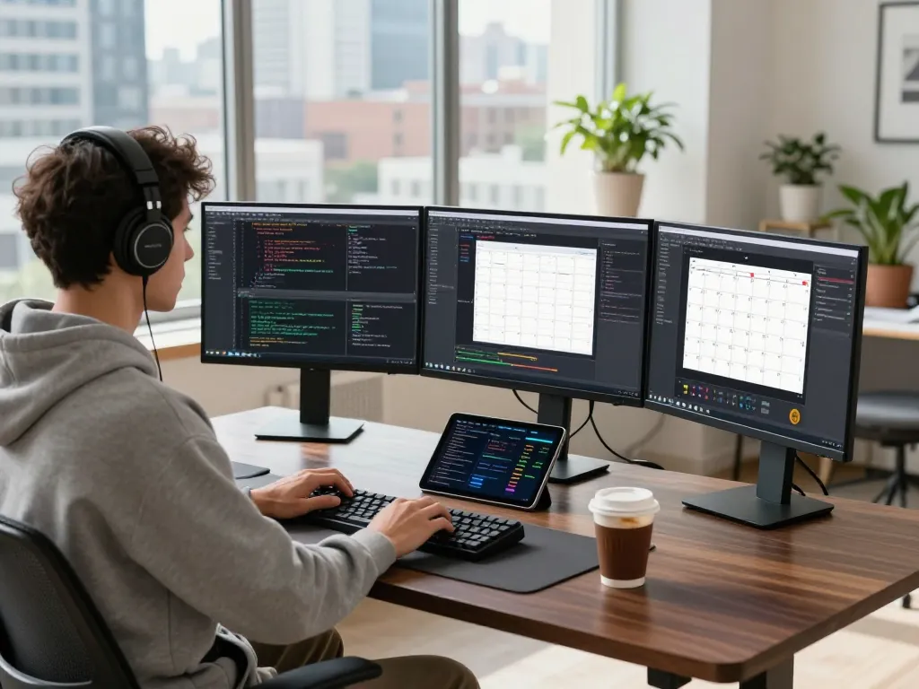 Developer using molt bot in a modern workspace, coding on multiple screens with city view.
