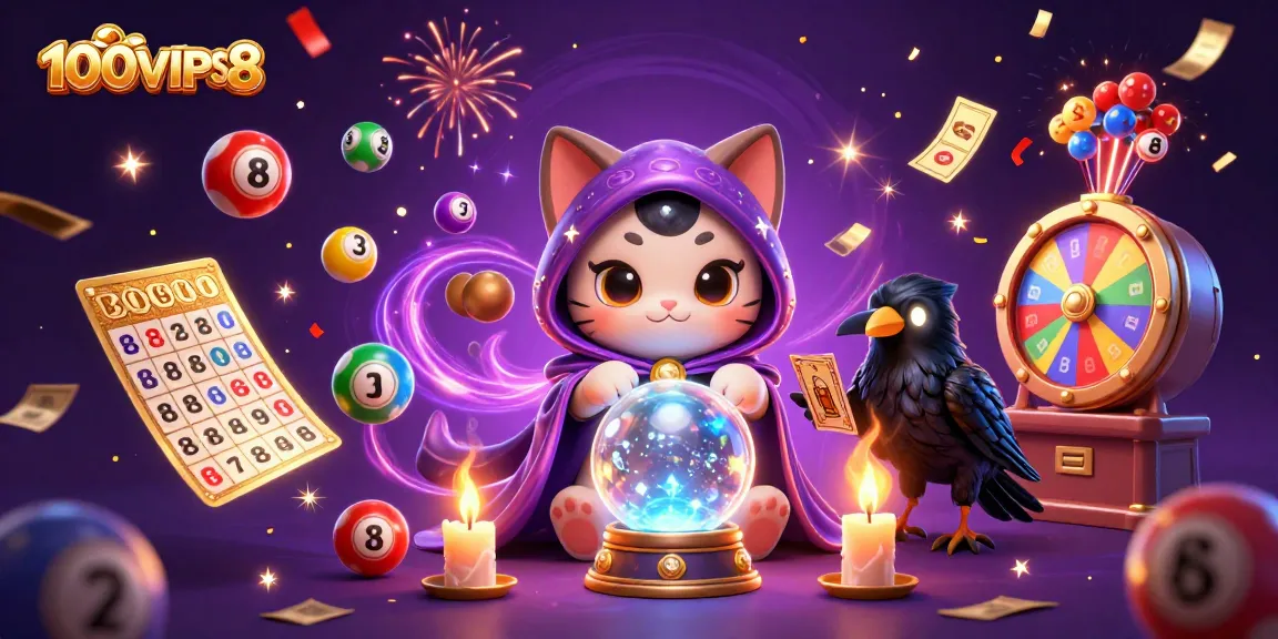 Experience the excitement of 100VIPS8 with vibrant lottery balls and mystical casino elements.