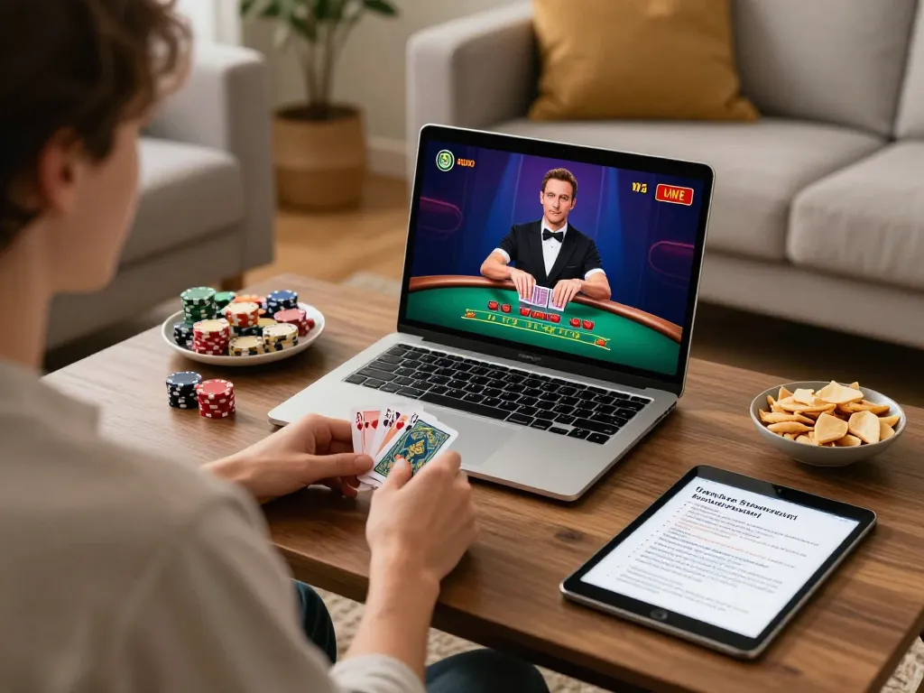 Engaging iwin club online blackjack gameplay on a laptop in a cozy home setting.