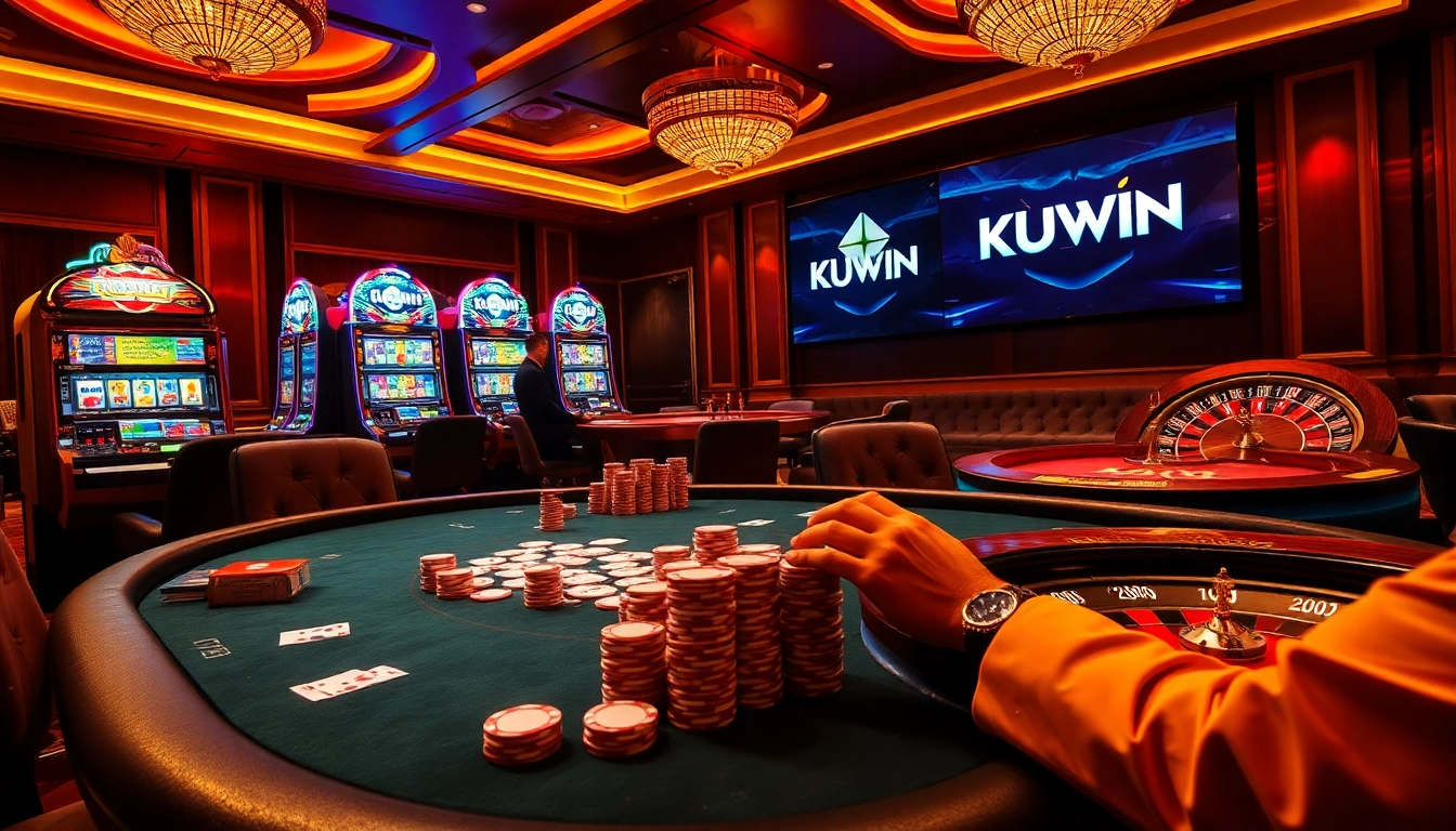 Engage with the thrilling world of KUWIN casino gaming at a luxurious poker table with vibrant chips and cards.