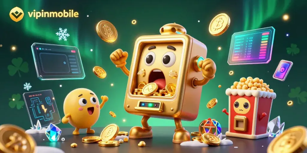 Experience the excitement of vipwinmobile's golden slot machine winning a jackpot, surrounded by crypto coins.
