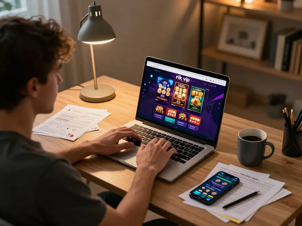 Player engaging with rik vip online casino on laptop, showcasing vibrant gaming setup and responsible play.