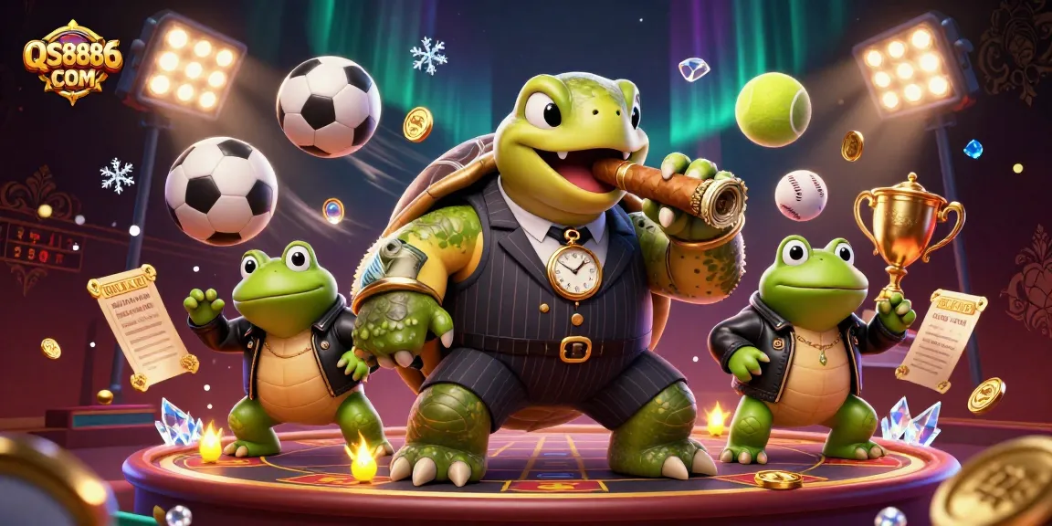 Experience thrilling gaming action with QS8886 COM, featuring a snapping turtle mobster and dynamic sports elements.