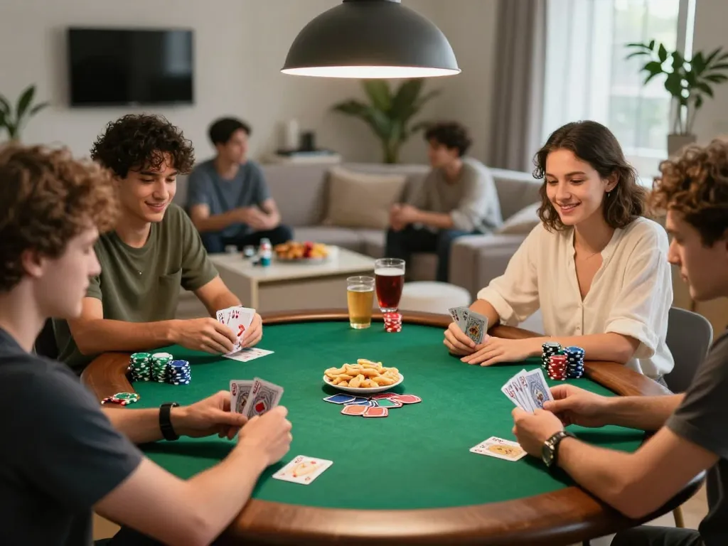 Engaged group enjoying a poker night at home, featuring abc8go online gaming action.