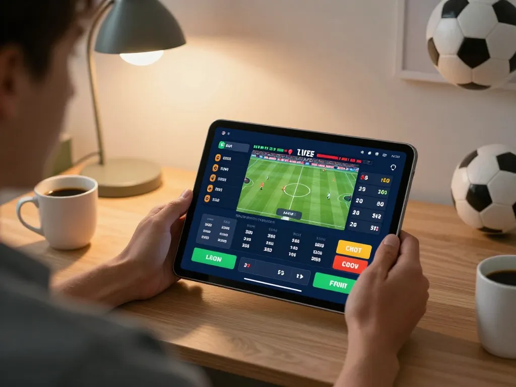 Person exploring SHBET sports betting options on a tablet in a cozy home office.