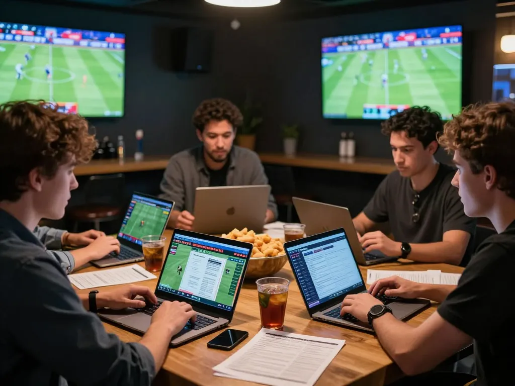 Enthusiastic bettors reviewing real-time stats and odds at nowgoal in a vibrant sports bar.