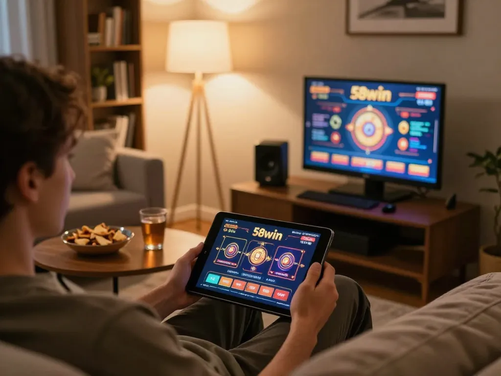 Engaged player using the 58wiin tablet for an exciting online casino experience in a cozy setting.