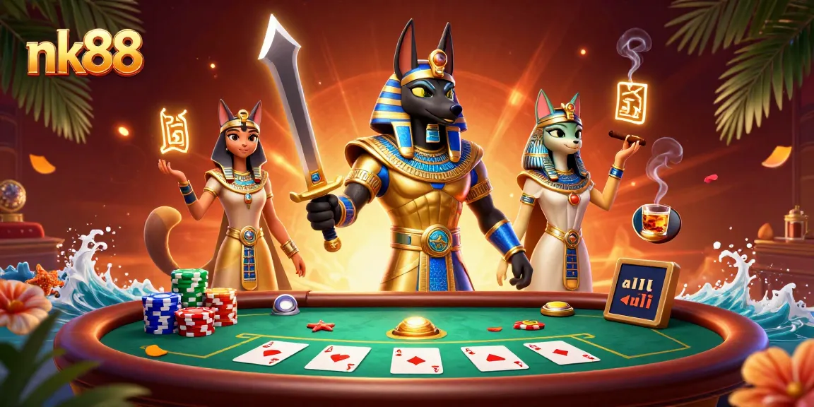 Engage in vibrant casino action with nk88, featuring ancient Egyptian characters in a dynamic poker scene.