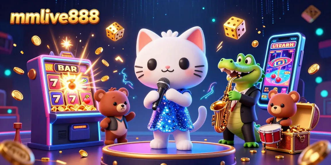 Join the excitement of mmlive888's vibrant casino scene with fun characters and dazzling game elements.
