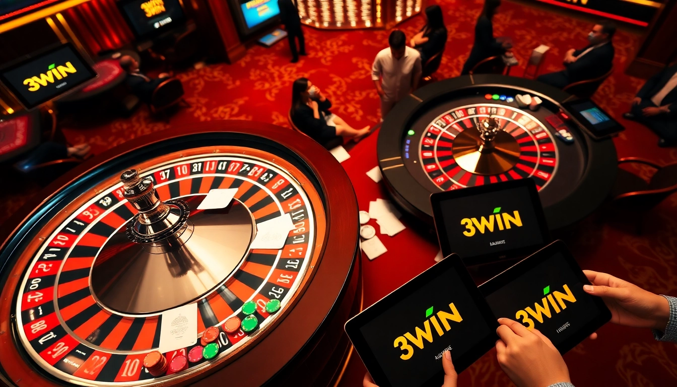 Players winning at 3WIN casino with a vibrant roulette wheel and poker chips.